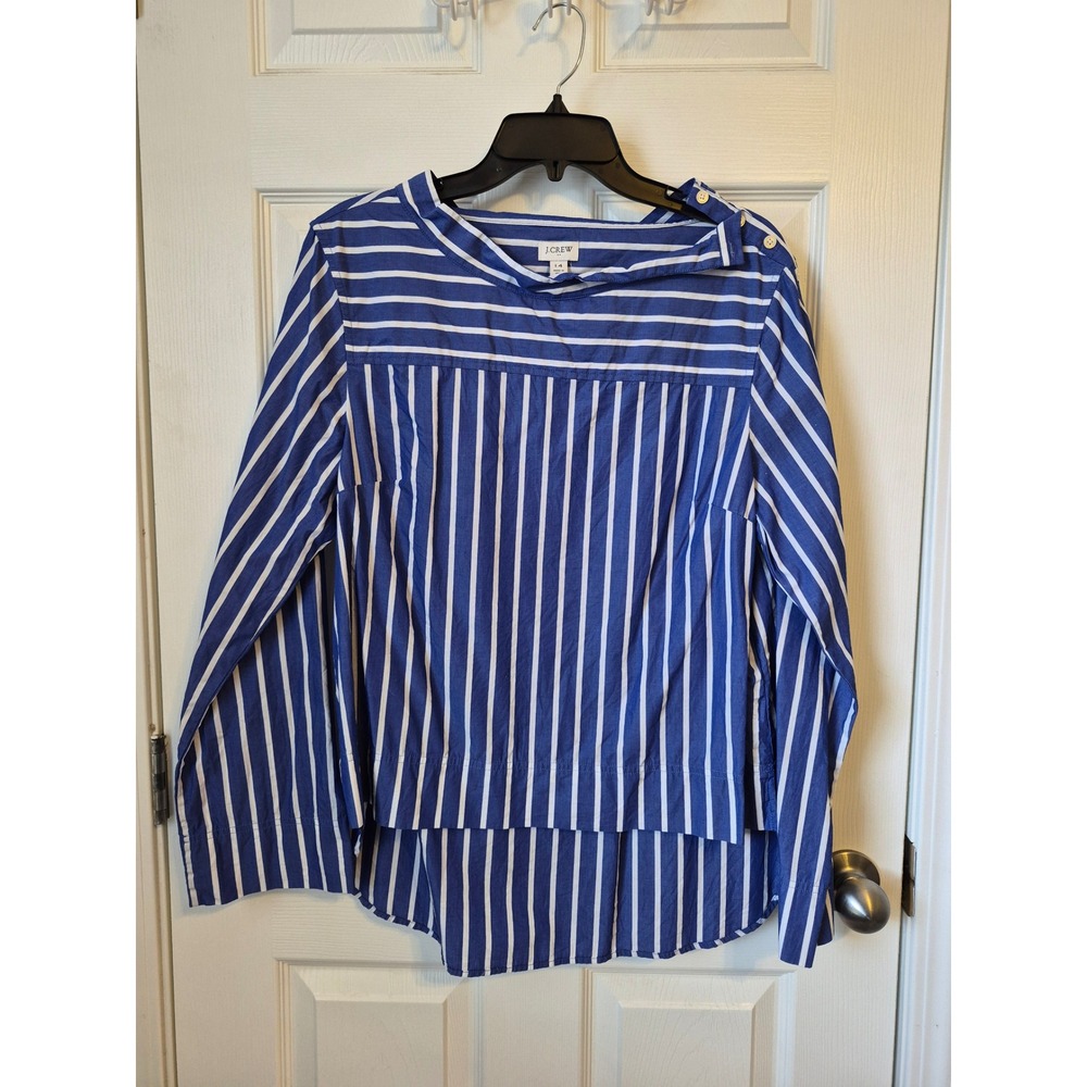 J.Crew Womens Blue White Striped Shoulder Button Boatneck Blouse Top Size 14